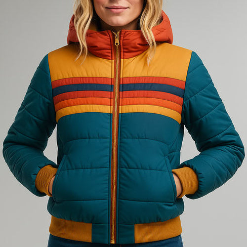 Front view of a teal hooded jacket with retro orange and yellow chest stripes and a zip front