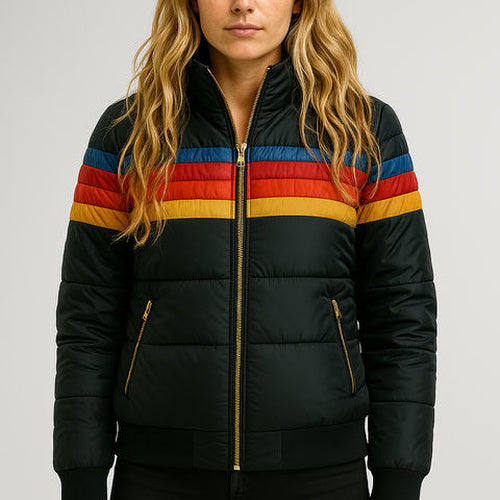 Front view of a black padded jacket with red, yellow and blue chest stripes and a gold zip