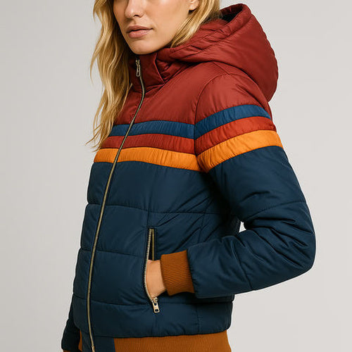 Side view of the navy padded hooded jacket showing the striped shoulder detail