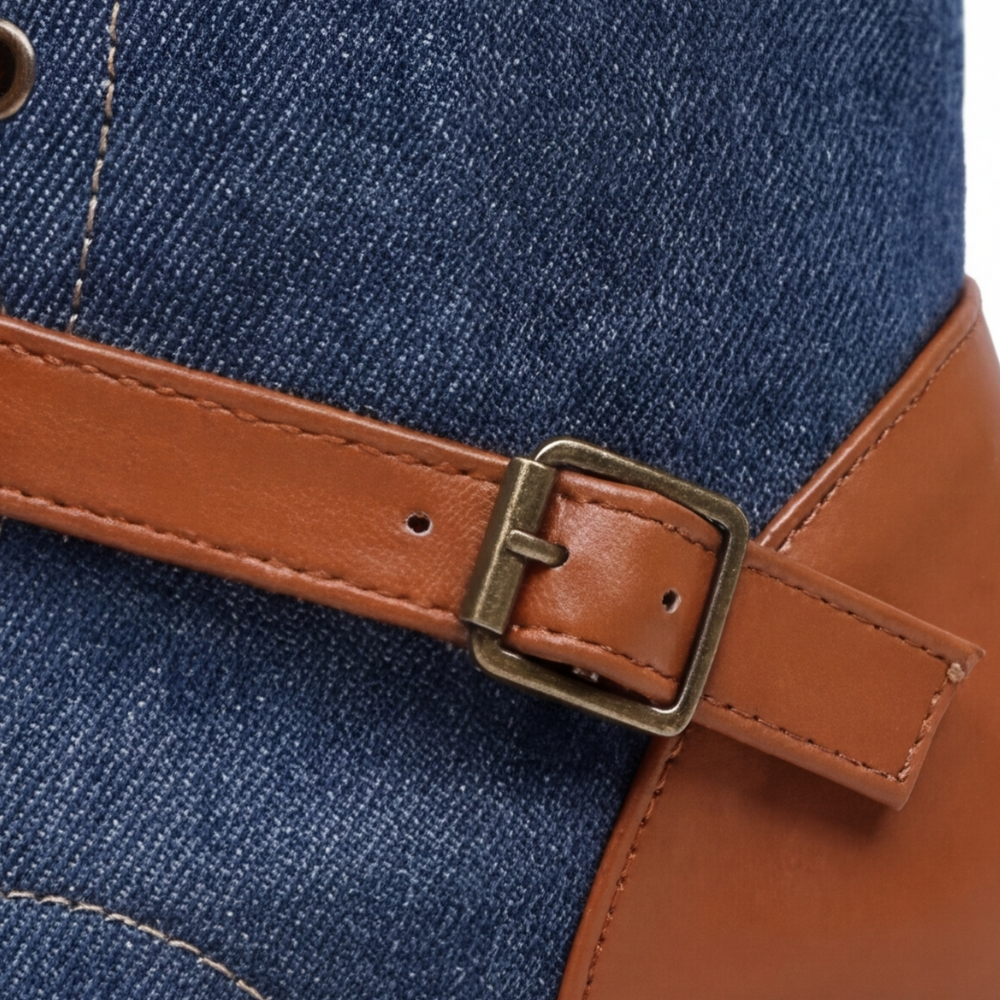 Denim Panel Mid Calf Riding Boots