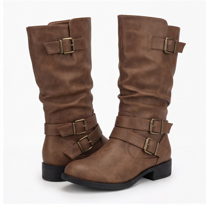 Crushed Slouch Triple Buckle Mid Calf Boots