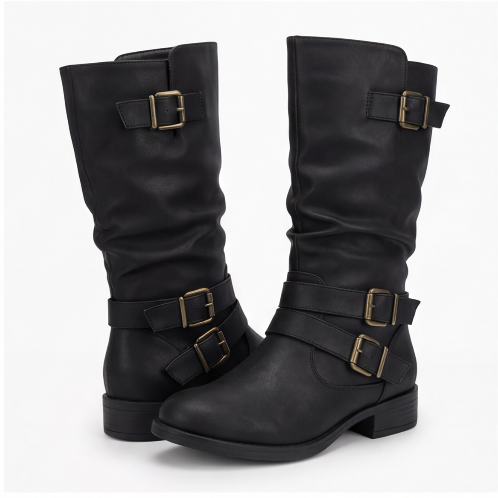 Crushed Slouch Triple Buckle Mid Calf Boots