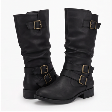 Crushed Slouch Triple Buckle Mid Calf Boots