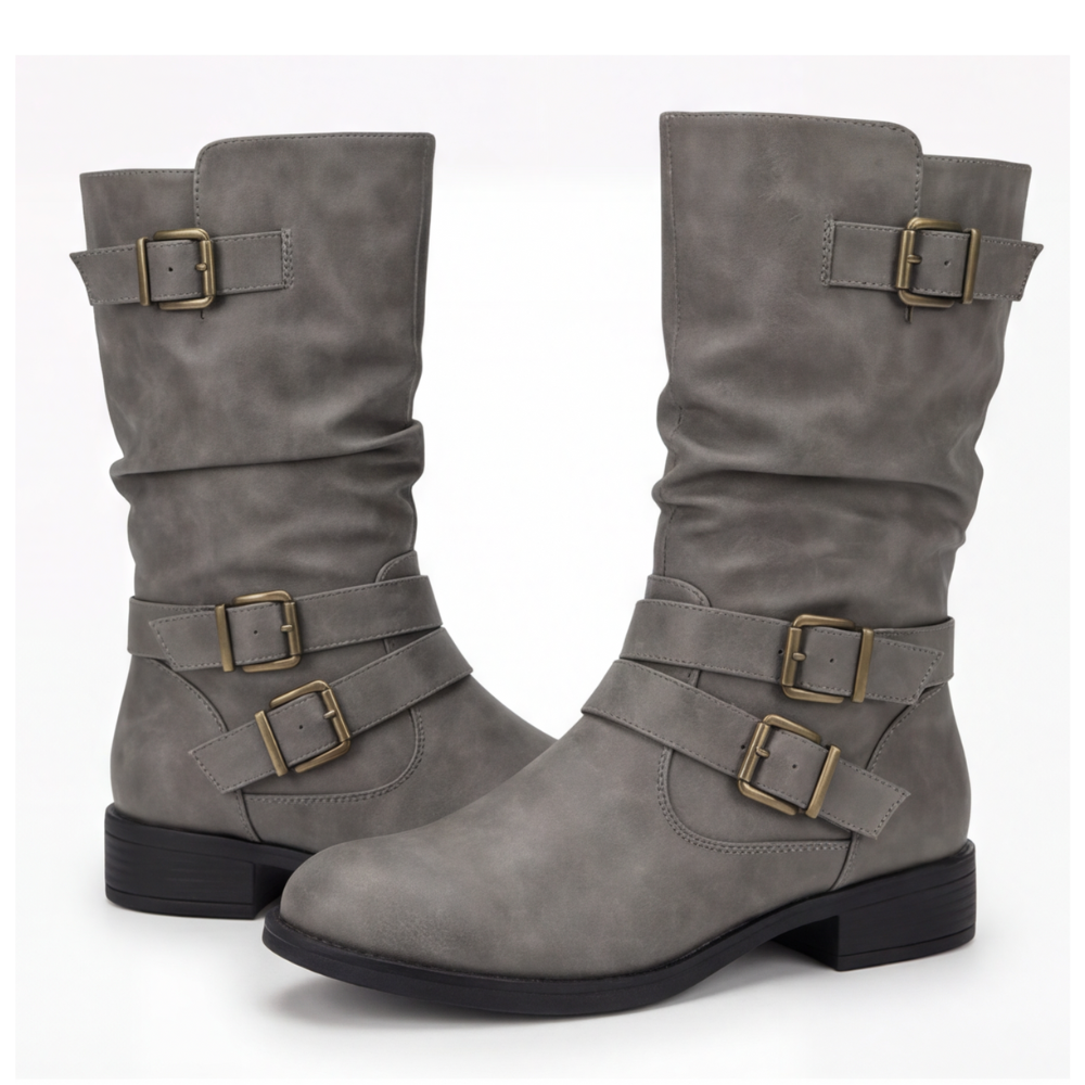 Crushed Slouch Triple Buckle Mid Calf Boots