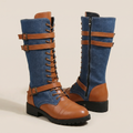 Denim Panel Mid Calf Riding Boots