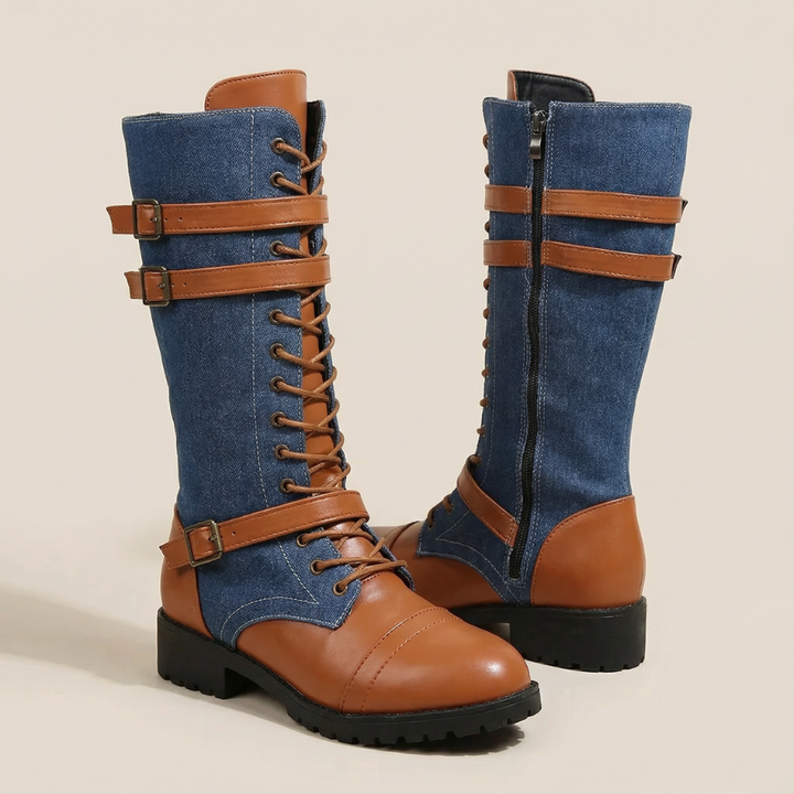 Denim Panel Mid Calf Riding Boots