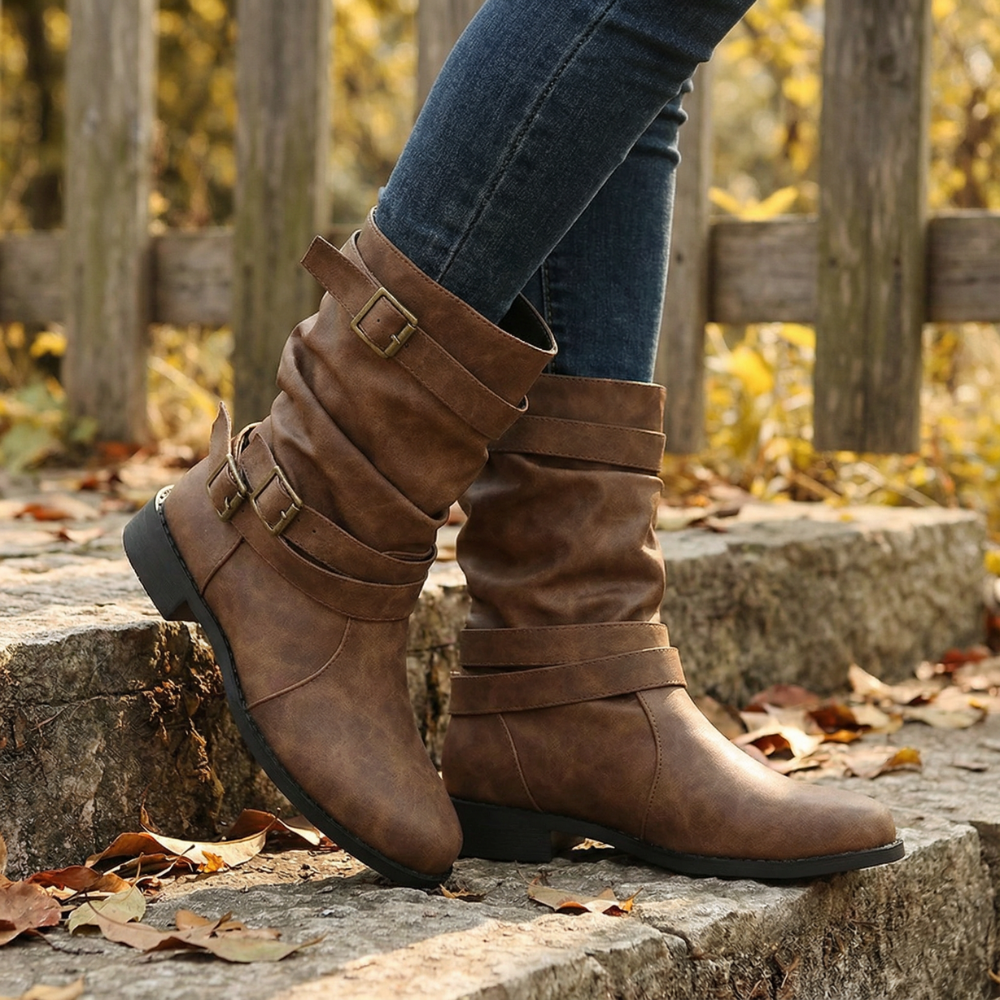 Crushed Slouch Triple Buckle Mid Calf Boots