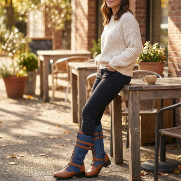Denim Panel Mid Calf Riding Boots