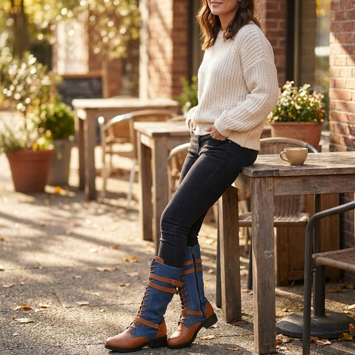 Denim Panel Mid Calf Riding Boots