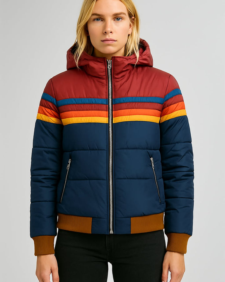 Navy padded hooded jacket with rust, blue and orange retro chest stripes, front view
