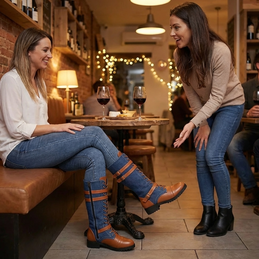 Denim Panel Mid Calf Riding Boots