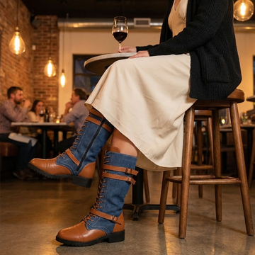 Denim Panel Mid Calf Riding Boots
