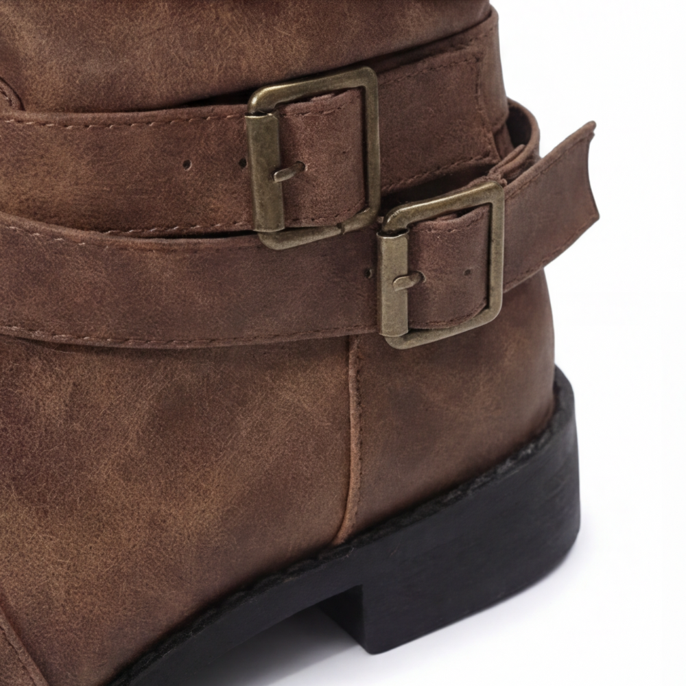 Crushed Slouch Triple Buckle Mid Calf Boots