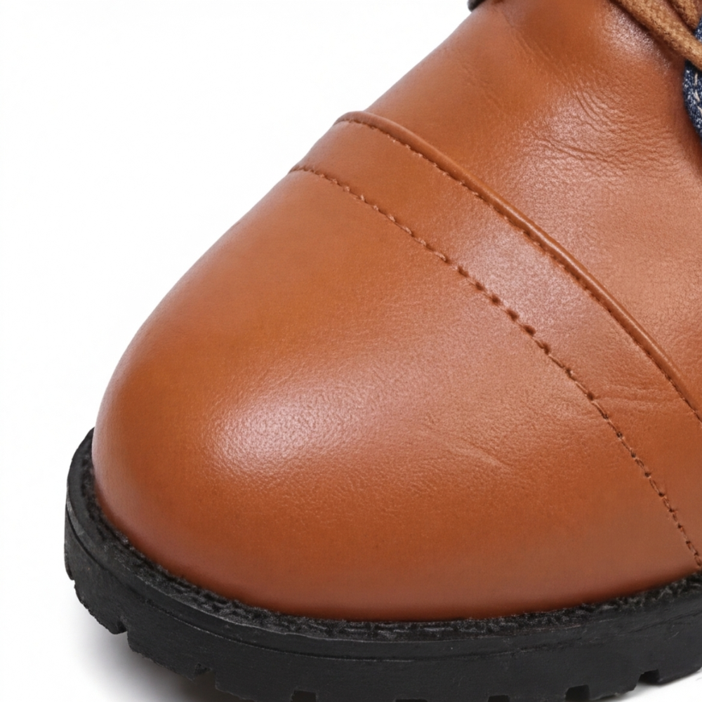 Denim Panel Mid Calf Riding Boots
