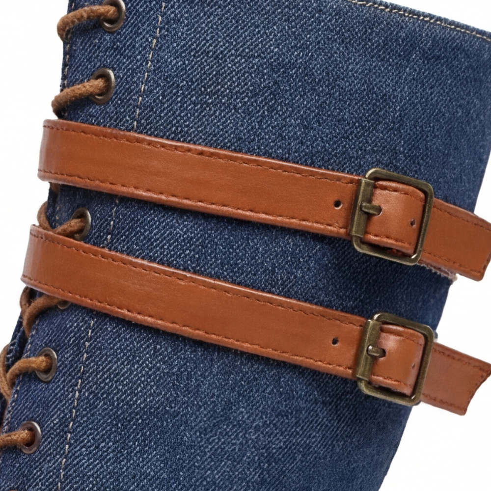 Denim Panel Mid Calf Riding Boots