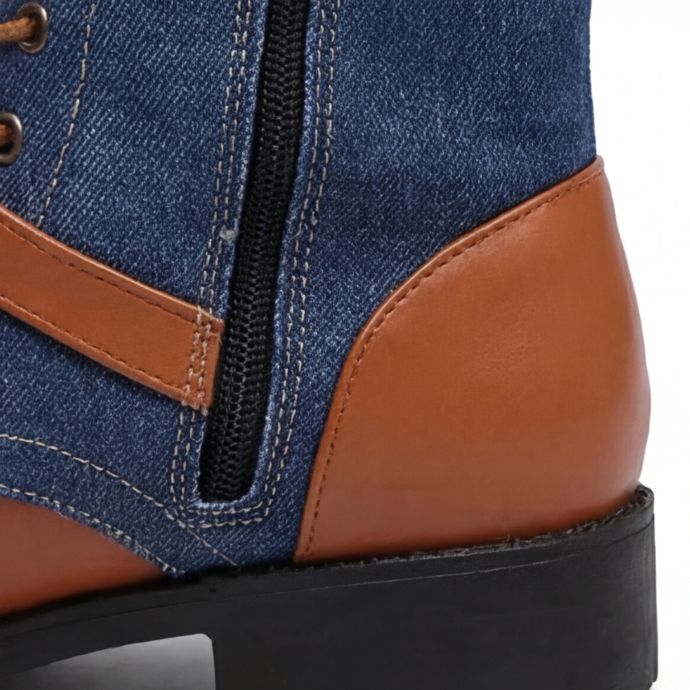 Denim Panel Mid Calf Riding Boots