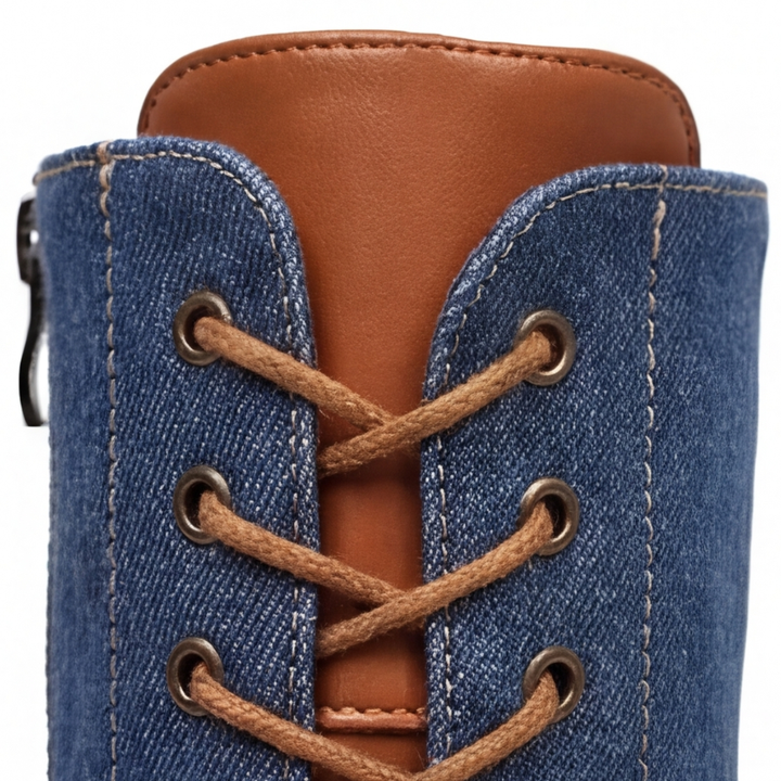 Denim Panel Mid Calf Riding Boots