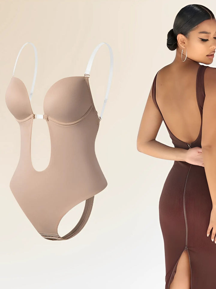Woman wearing Beige Backless Shapewear Bodysuit | Valenira