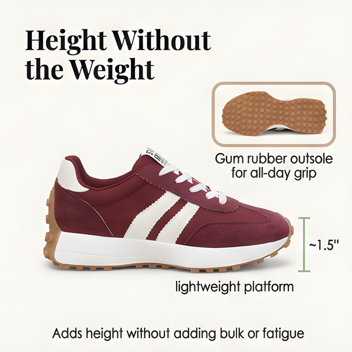 Side view of a burgundy sneaker with white platform sole and gum rubber outsole