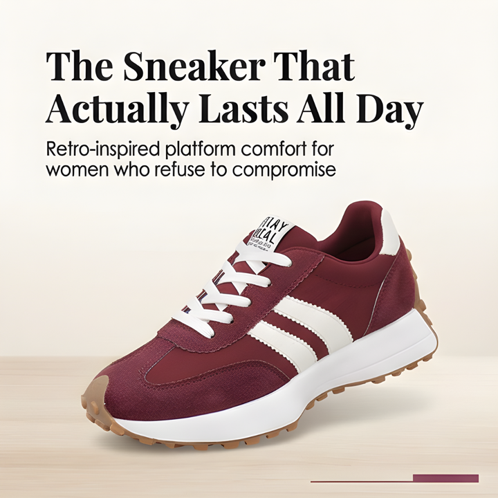 Single burgundy suede sneaker with white side stripes and a gum sole, side view
