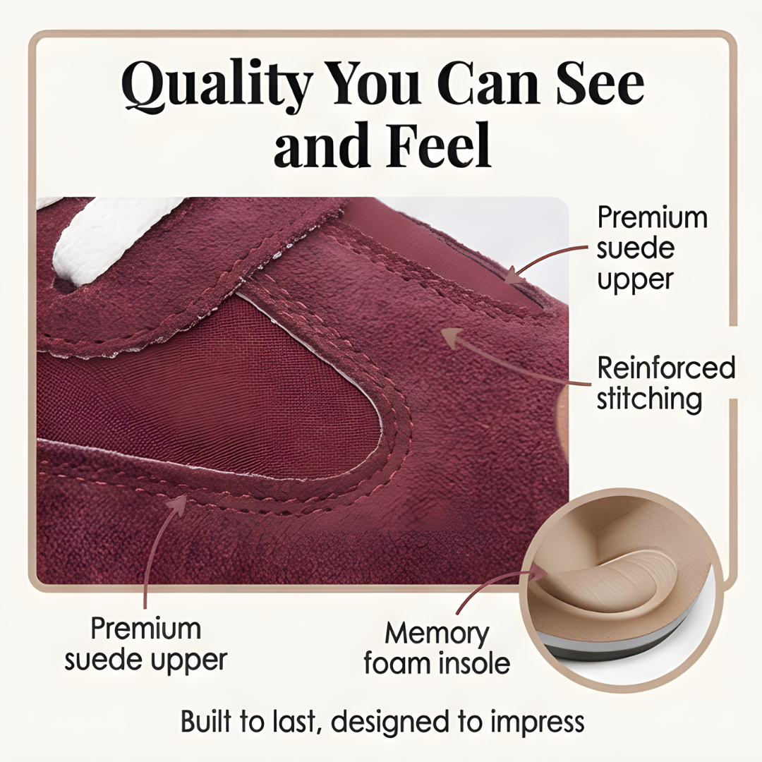 Close up of the burgundy suede upper and stitching on a low top sneaker