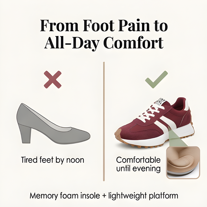 Comparison graphic: heeled pump versus burgundy sneaker with memory foam insole