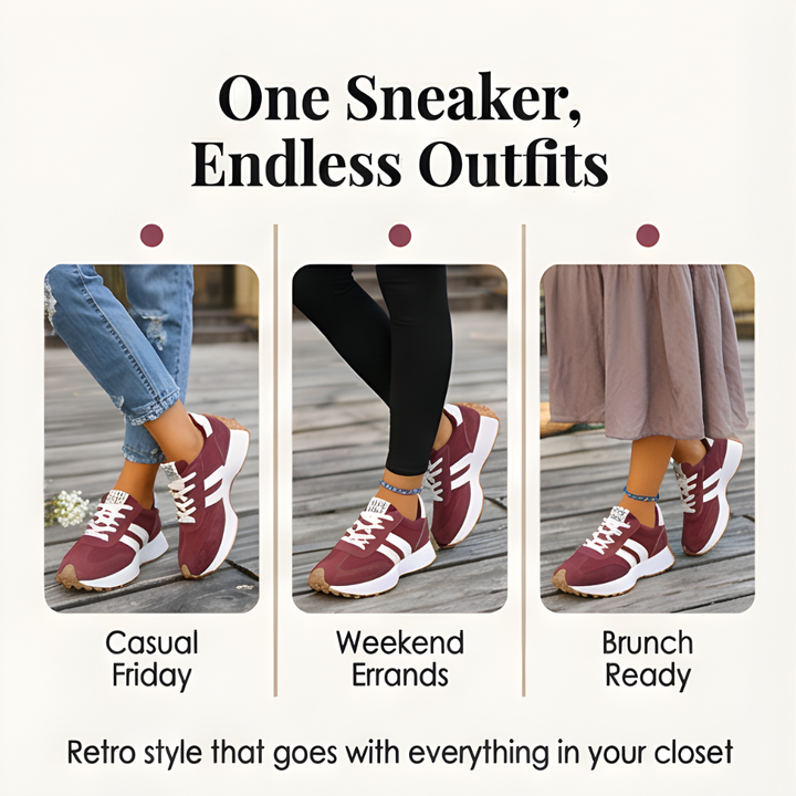 Three styling looks for the burgundy side stripe sneakers with jeans, leggings and a midi skirt