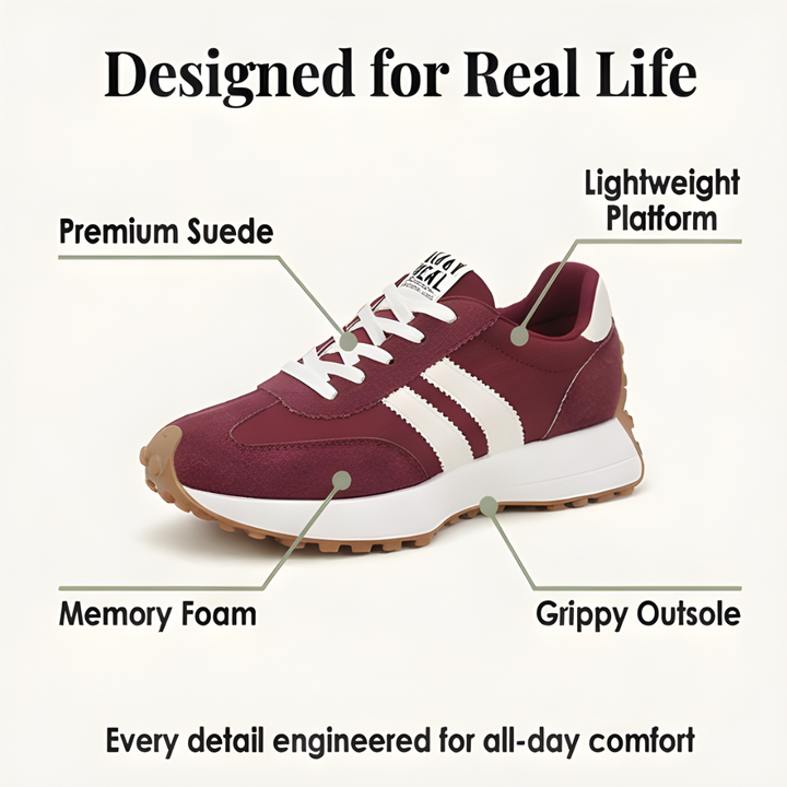 Feature graphic of a burgundy suede sneaker: memory foam, platform sole and grippy outsole