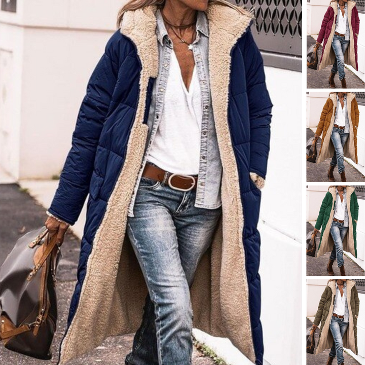 Navy longline coat with a cream lining, shown next to four other color options