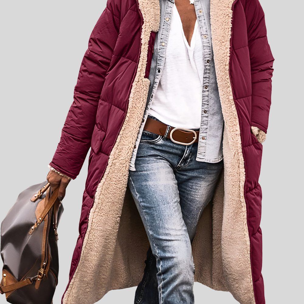 Burgundy quilted longline coat with cream sherpa lining, worn open