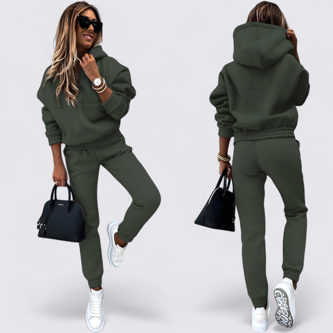Front and back view of the olive green hooded sweatshirt and jogger set