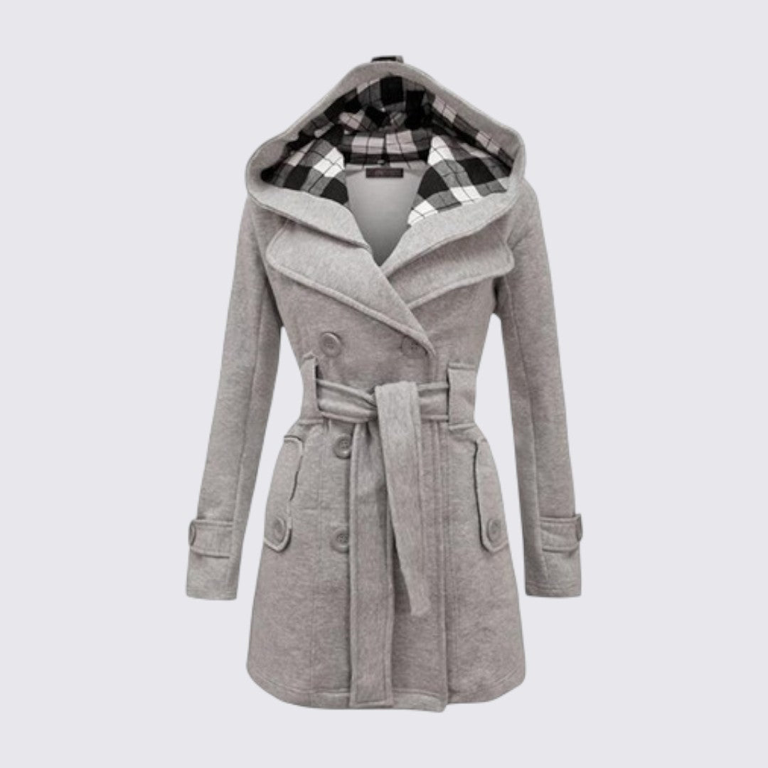 Light grey hooded trench coat with tie belt and plaid lined hood