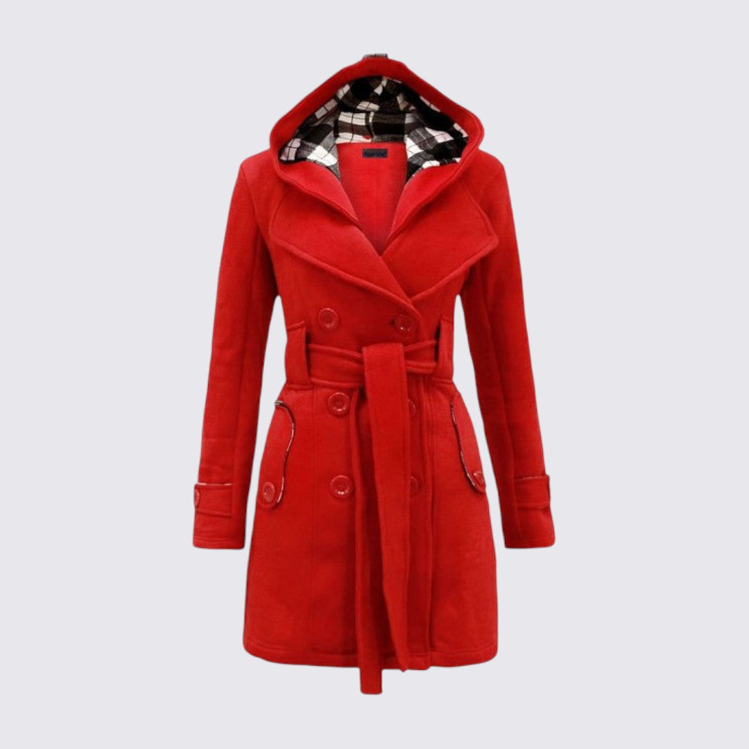 Red belted coat with a plaid lined hood and double breasted buttons, shown from the front