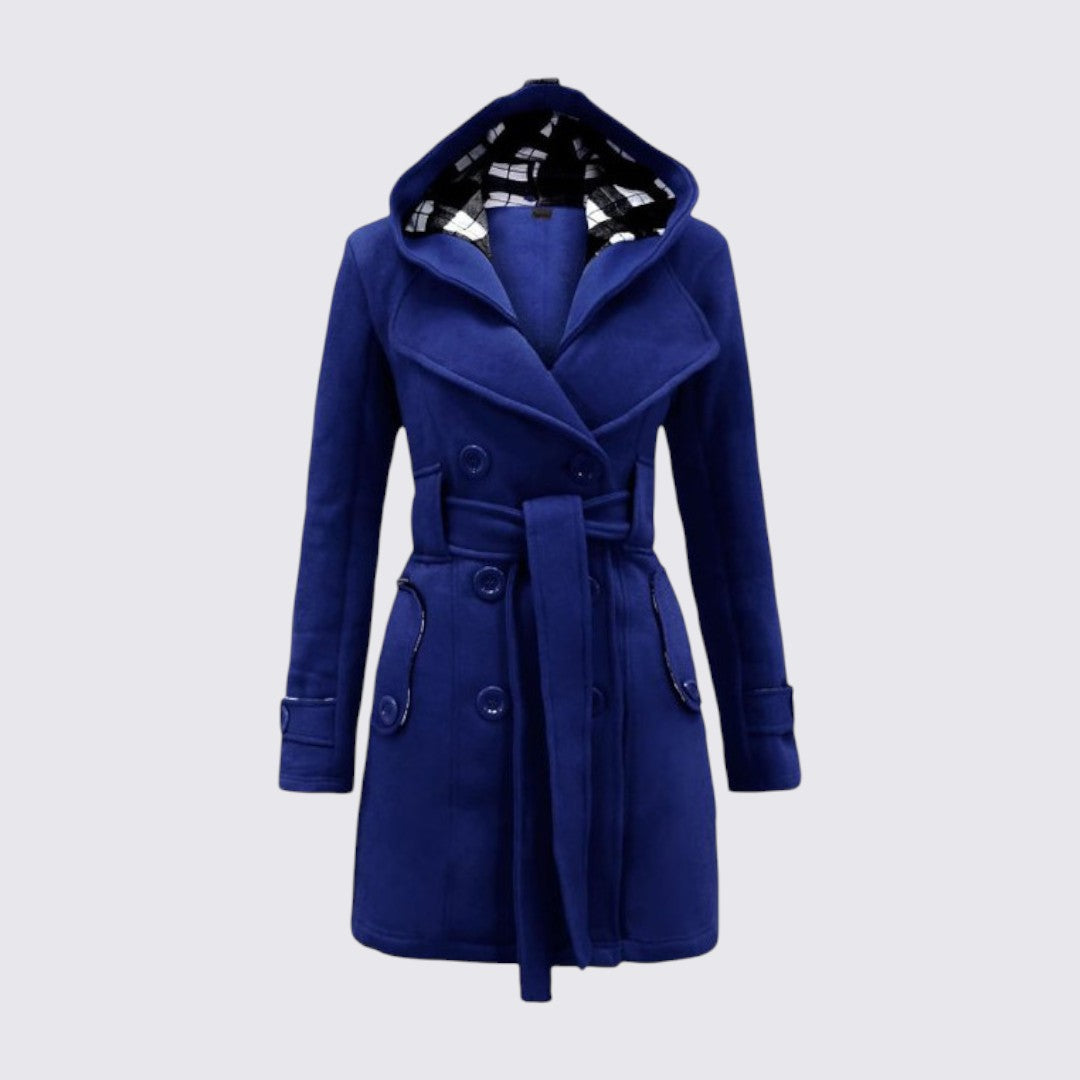 Royal blue hooded trench coat with tie belt and double button front