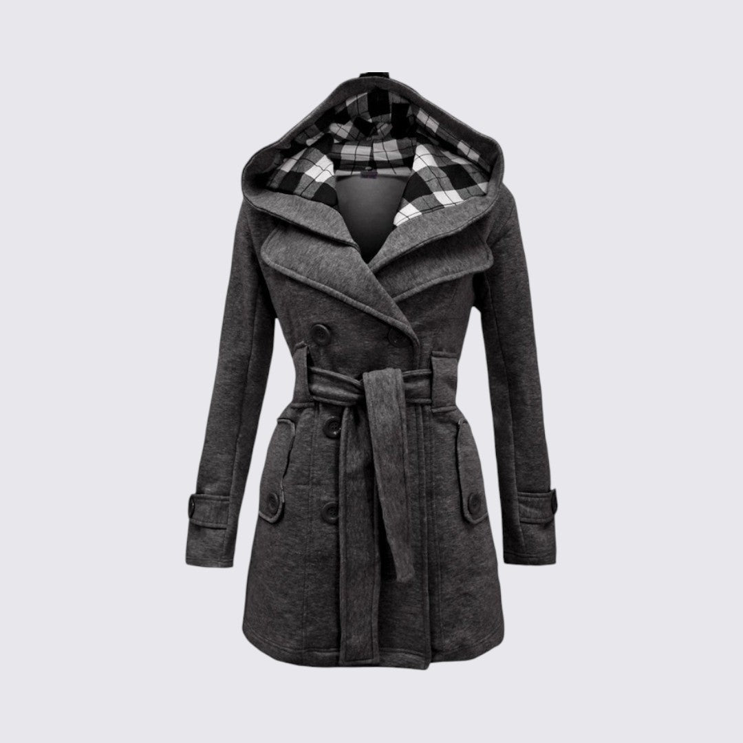 Charcoal grey hooded trench coat with tie belt and plaid lined hood