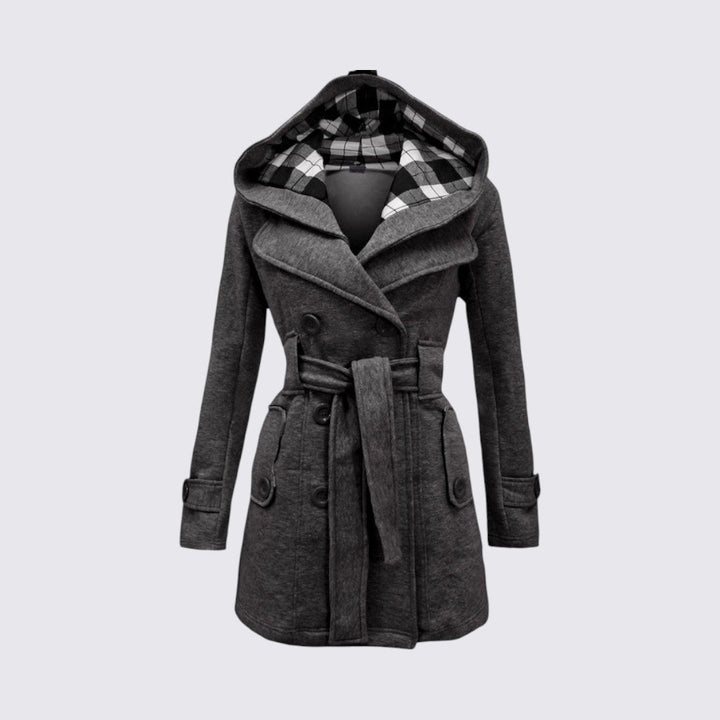 Charcoal grey hooded trench coat with tie belt and plaid lined hood