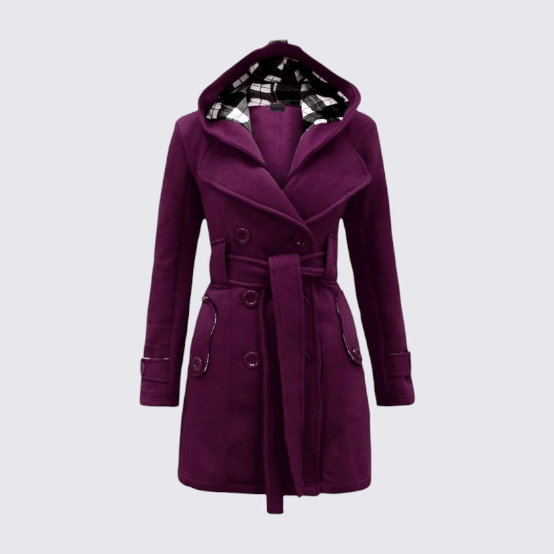 Purple hooded trench coat with tie belt and plaid lined hood
