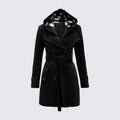 Black hooded trench coat with tie belt, double button front and plaid lined hood