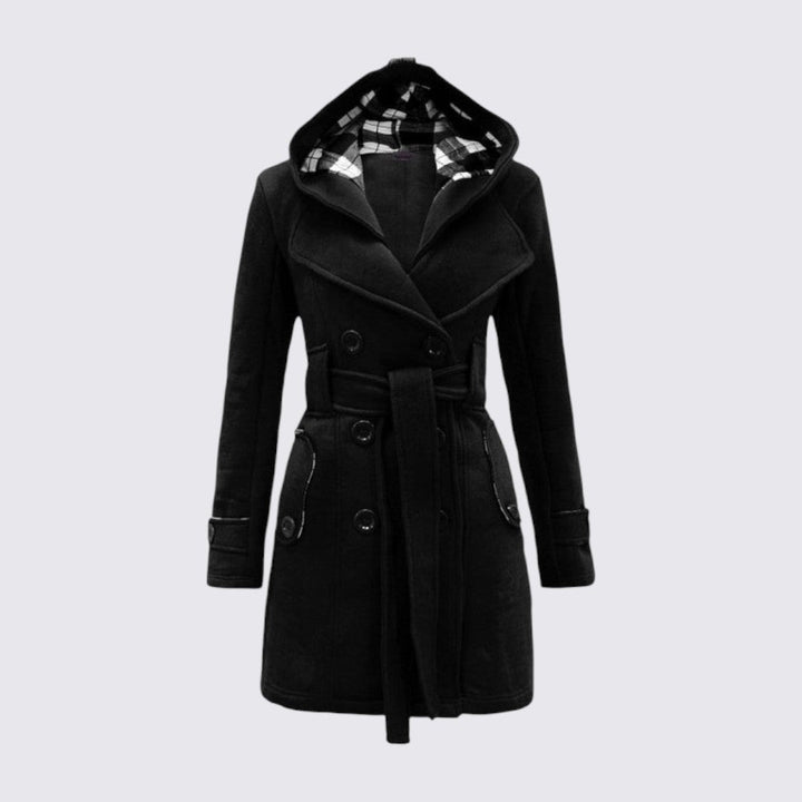 Black hooded trench coat with tie belt, double button front and plaid lined hood