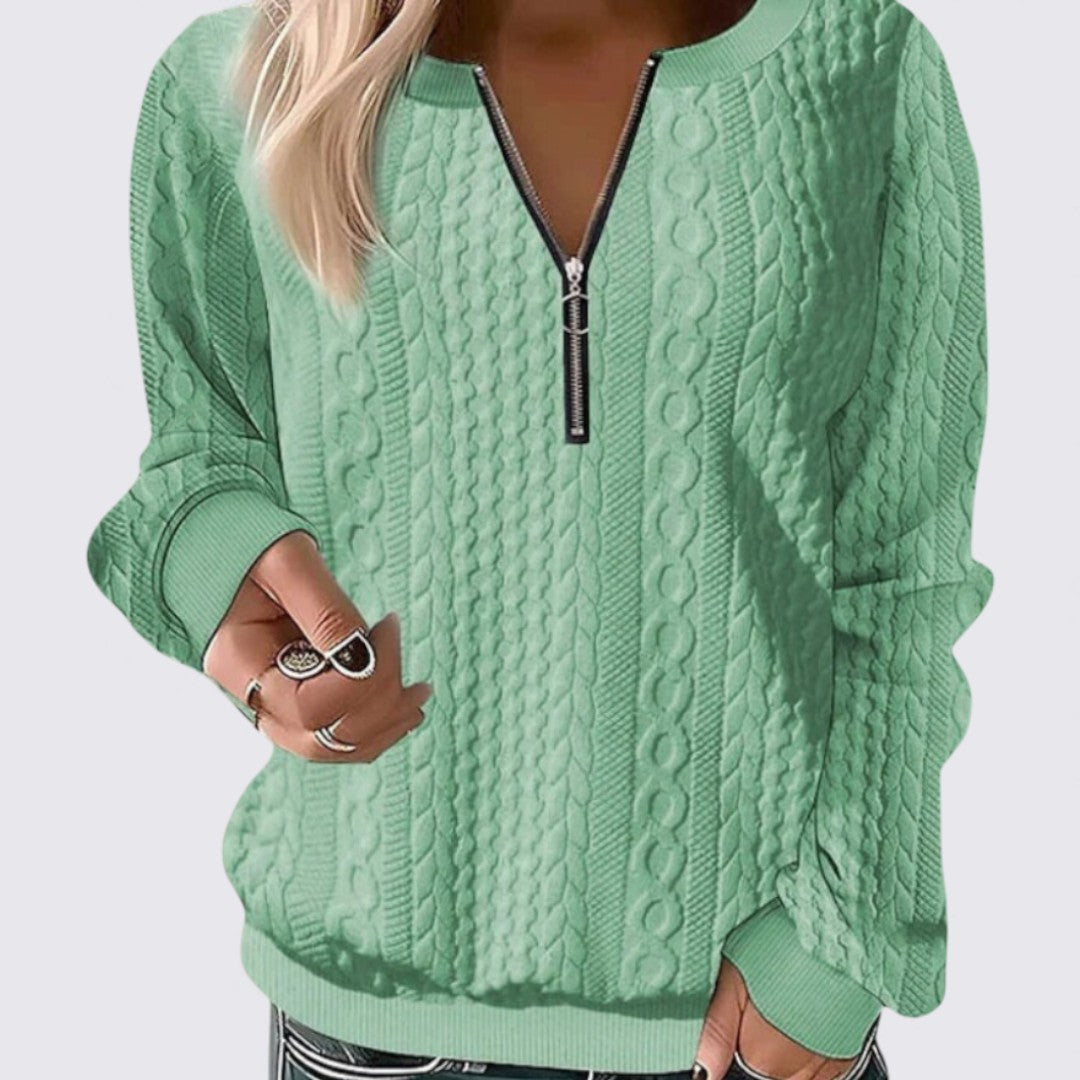 Mint green quarter zip cable knit sweater with ribbed cuffs, front view