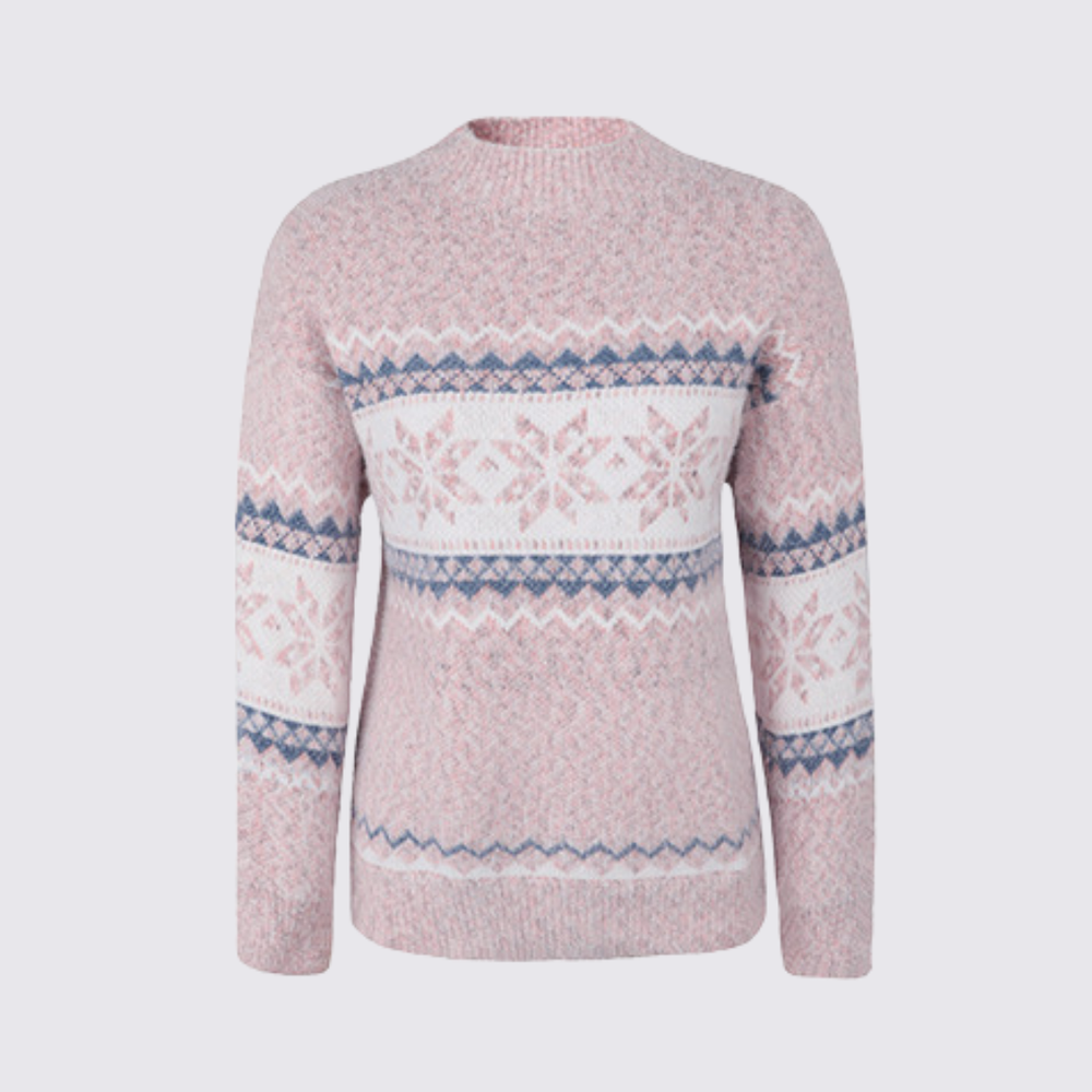 Pink mock neck sweater with white and blue Nordic snowflake stripes, shown from the front