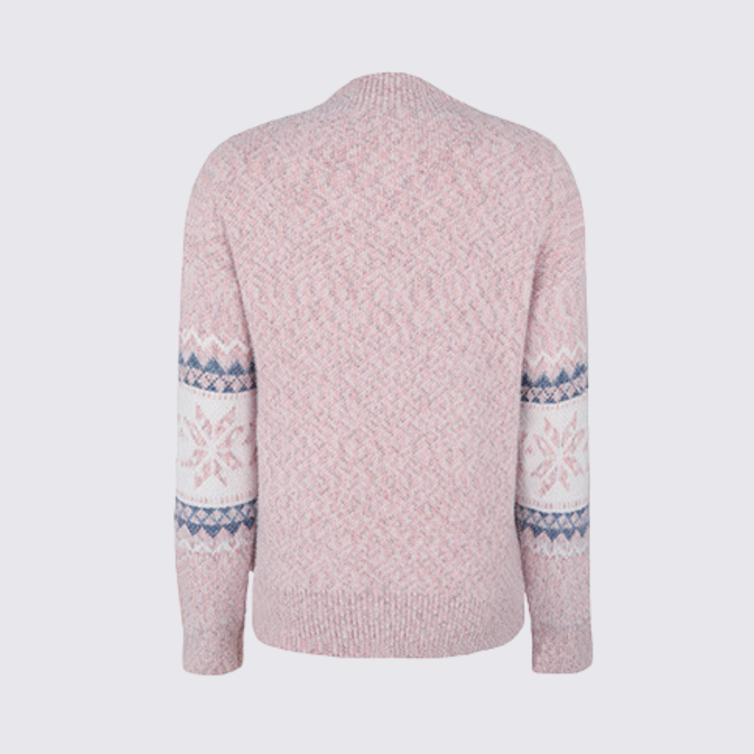 Back view of a pink knit sweater with a white and blue snowflake pattern on the sleeves