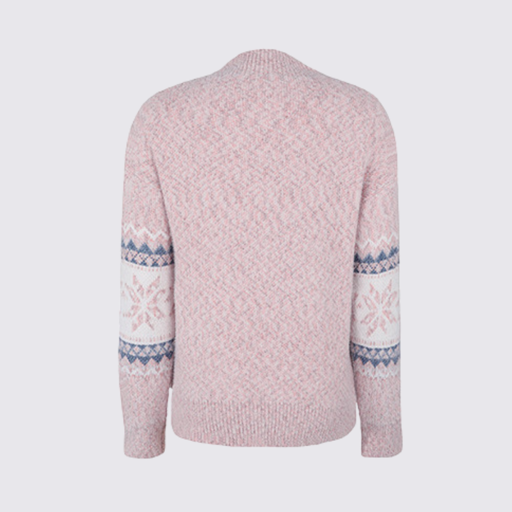 Back view of a pink knit sweater with a white and blue snowflake pattern on the sleeves