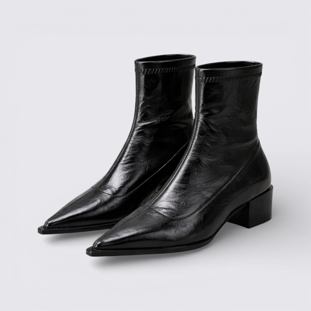Pair of black pointed toe ankle boots with a low block heel