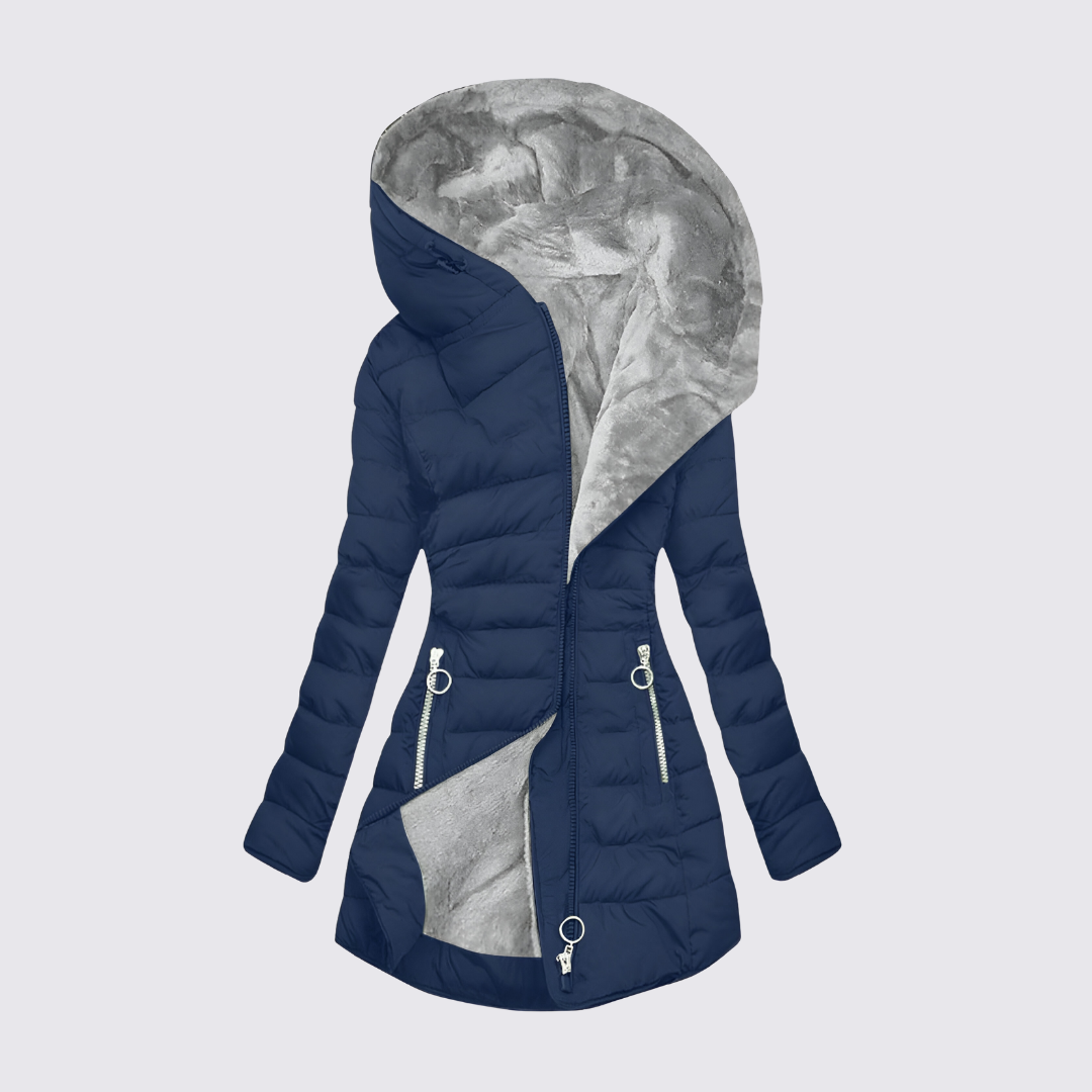 Navy quilted jacket with a grey faux fur lining and hood, shown open on a plain background