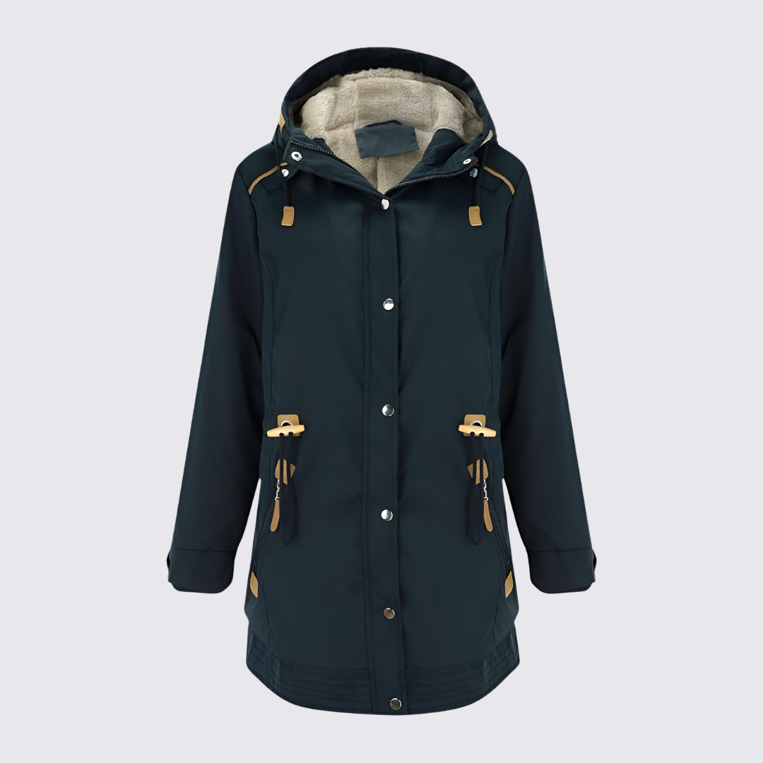 Dark teal hooded parka with sherpa lining and tan trim, flat front view