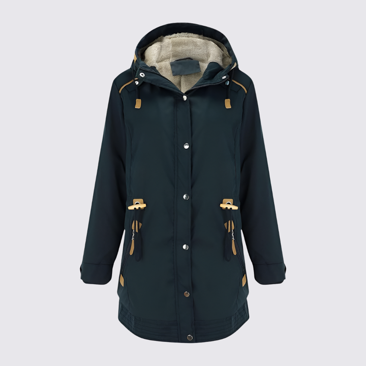 Dark teal hooded parka with sherpa lining and tan trim, flat front view