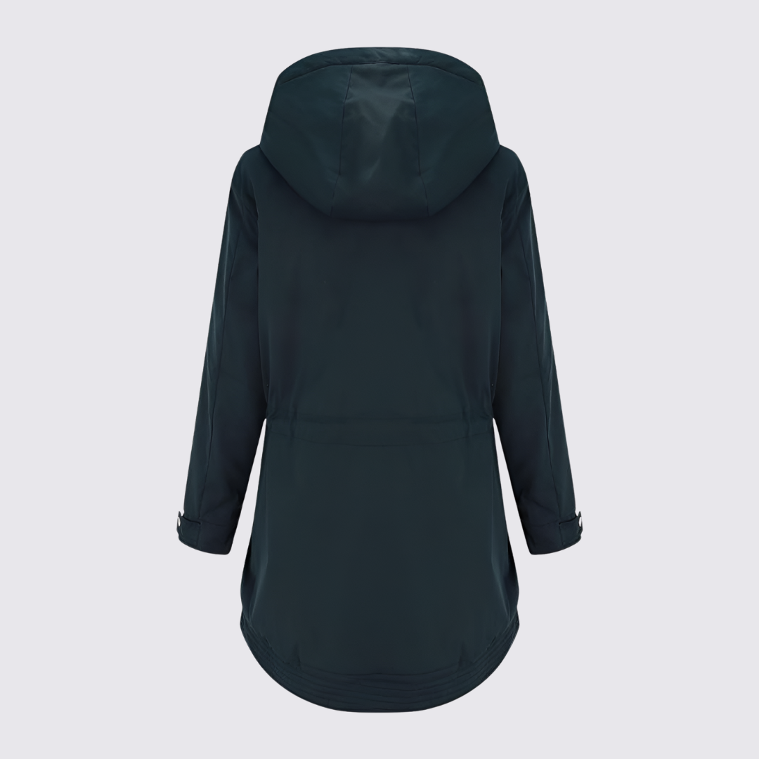 Back view of a dark teal hooded longline jacket with drawcord waist and curved hem