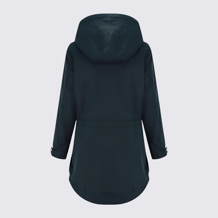 Back view of a dark teal hooded longline jacket with drawcord waist and curved hem