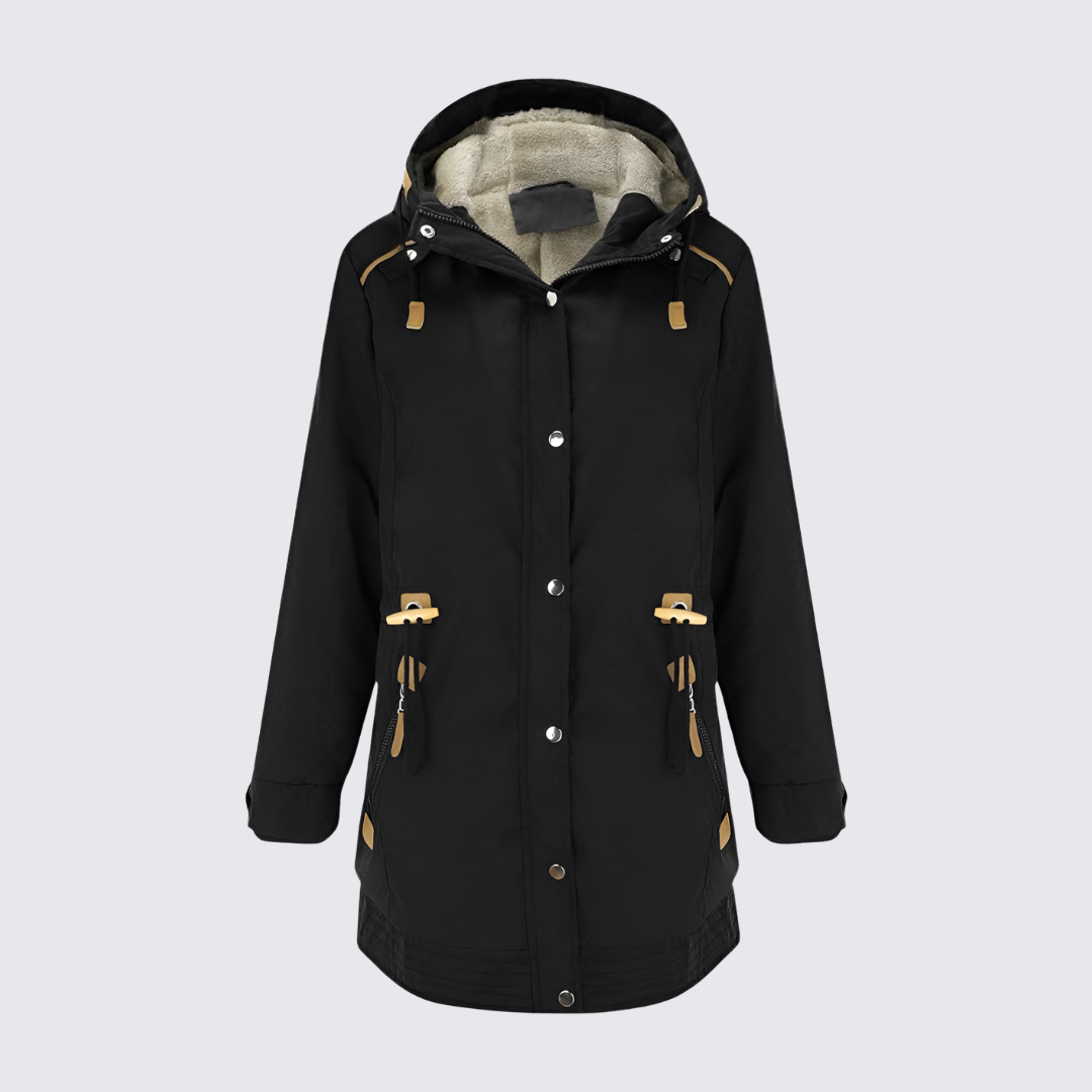 Black hooded parka with cream fleece lined hood, snap front and tan tabs, front view